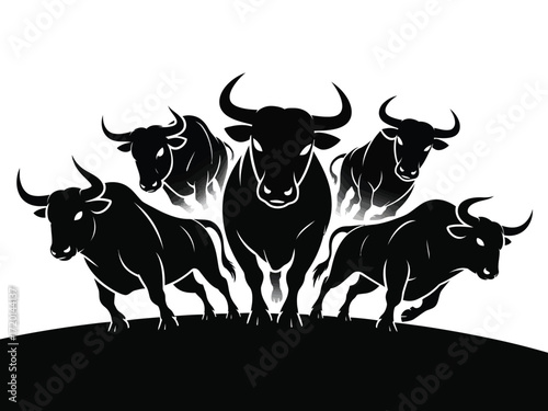 A powerful herd of charging bulls depicted in stark black silhouette against a white background conveying strength and determination silhouette