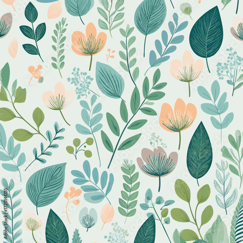 Illustration Motif Fleurs et Feuillages Nature Végétation Mélange, Papier Peint Couleurs diverses Vecteur