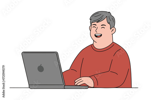 Happy Man Laughing While Using Laptop for Work
