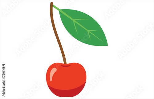 Vector art of a vibrant red cherry with a glossy sheen, complete with a verdant green leaf and a slender brown stem, , creating a delightful and simple illustration