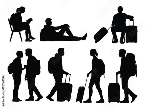 Diverse group of people in silhouette with luggage and backpacks some reading and relaxing others walking and traveling silhouette