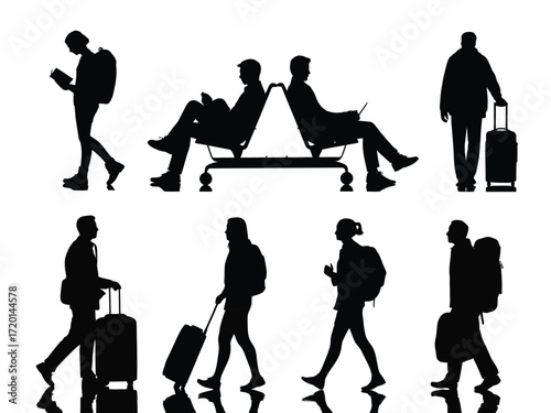 Diverse group of travelers depicted in silhouette style with luggage in various poses and activities