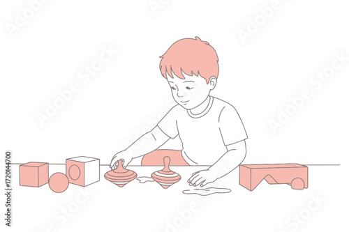 Young boy playing with colorful building blocks on a table