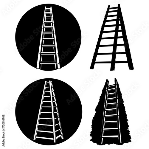 Four black and white illustrations of ladders in different styles and orientations on a white background