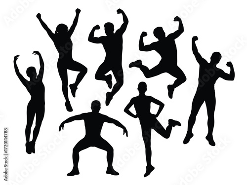 Group of diverse people in dynamic jumping and posing silhouettes celebrating success and fitness