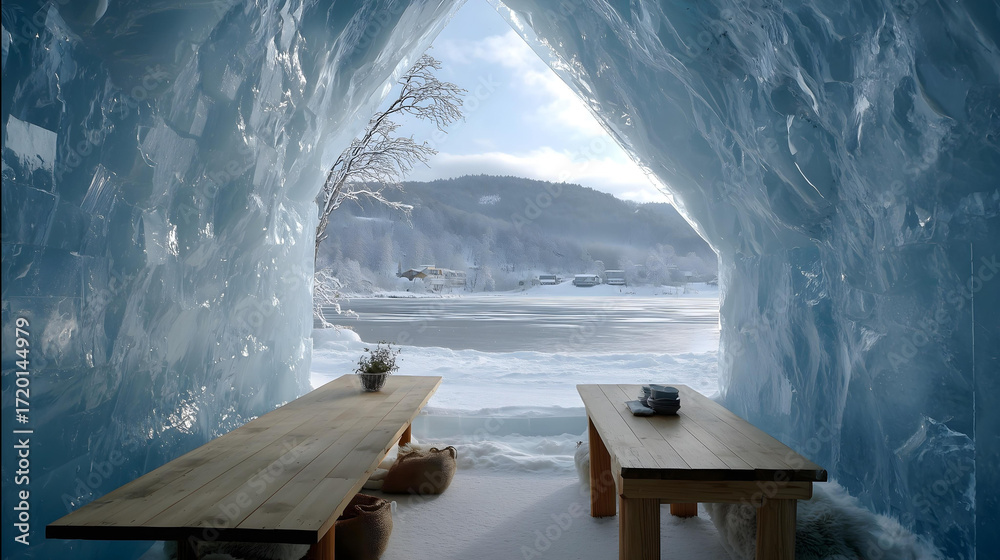 Obraz premium A shot from inside a hotel made entirely of ice, looking out through an ice window at a snowy landscape,