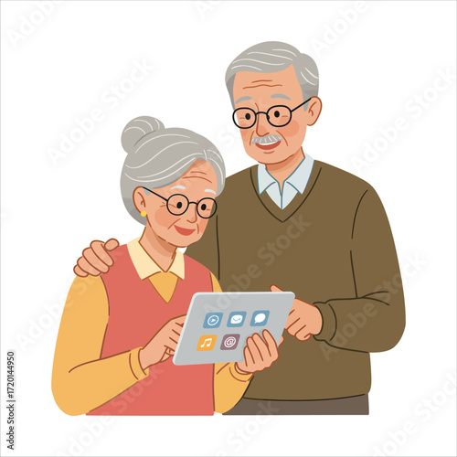 Elderly Couple Learning to Use a Tablet Together