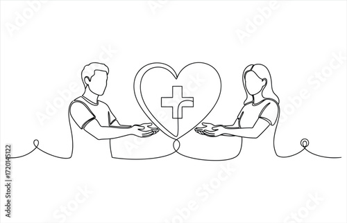 Vector art of continuous line drawing of man and woman holding heart with plus sign concept of love, health, care, support, donation, charity, and relationship