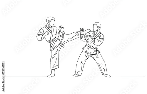 Vector art of continuous line drawing of two men practicing karate concept of martial art, sport, combat, selfdefense, discipline, training, and competition