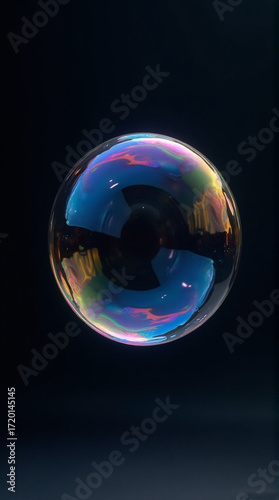 Colorful soap bubble floating in dark space with reflections Generative AI