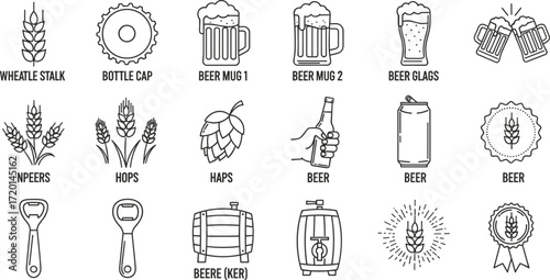 Collection of Beer-Related Icons Wheat Stalk, Bottle Cap, Beer Mug, Hops, and Beer Bottle