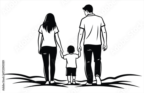 Illustration of a family walking away the parents are holding hands with their child, creating a heartwarming scene of unity and love