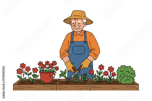 Elderly Farmer Tending His Beautiful Blooming Garden