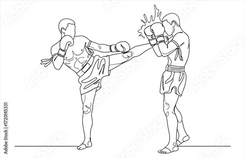Vector art of a dynamic line art illustration showcases a muay thai fighter executing a powerful kick, striking his opponents head in a display of martial arts skill