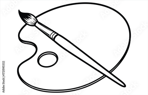 Vector art of a minimalist line art illustration of an artists palette with a paintbrush, representing creativity, artistic expression, and the tools of the trade