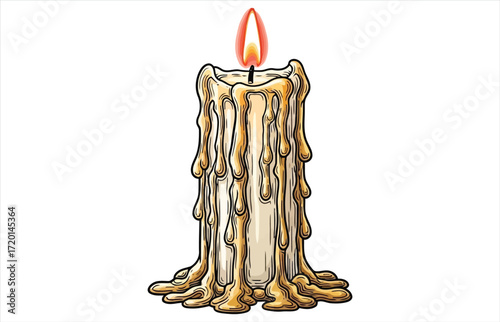 Illustration of a burning candle with dripping wax, perfect for adding a touch of warmth and nostalgia to your designs and projects
