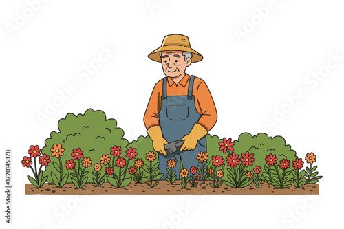 Gardener tending to vibrant flower bed in sunny garden