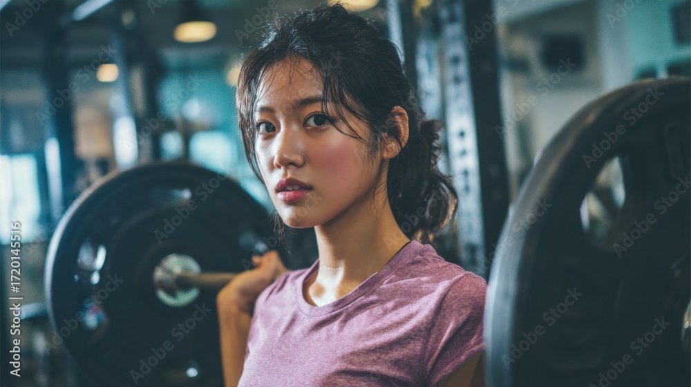 Fototapeta premium Focused on her fitness journey, a young woman in a purple workout shirt lifts weights at a contemporary gym. She embodies strength and dedication in her training routine.