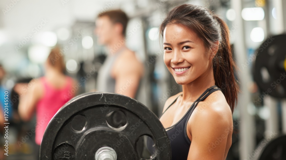 Obraz premium A young woman lifts a barbell with a confident smile, demonstrating her strength in a busy gym filled with fitness enthusiasts working out.