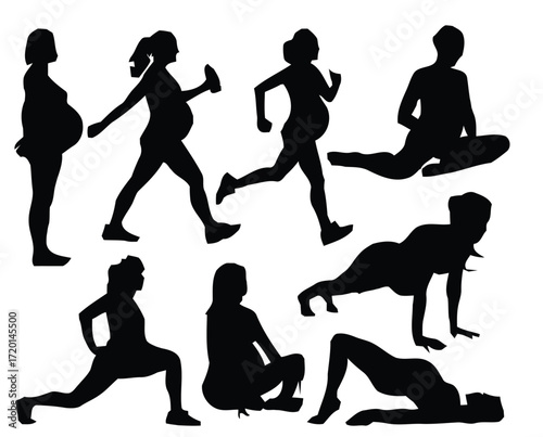 Diverse pregnant women exercising and stretching in various poses depicted as a black silhouette