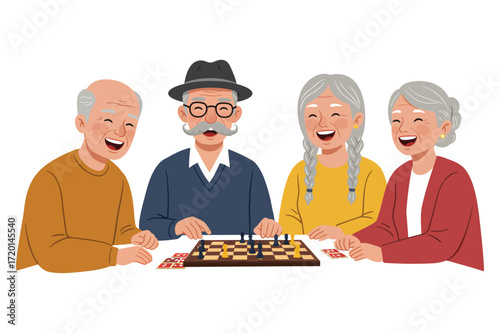 Happy seniors playing chess at a table