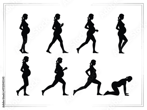 Collection of pregnant woman silhouettes demonstrating various poses and movements