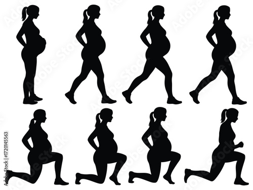 Pregnant woman silhouette showing different stages of exercise and movement