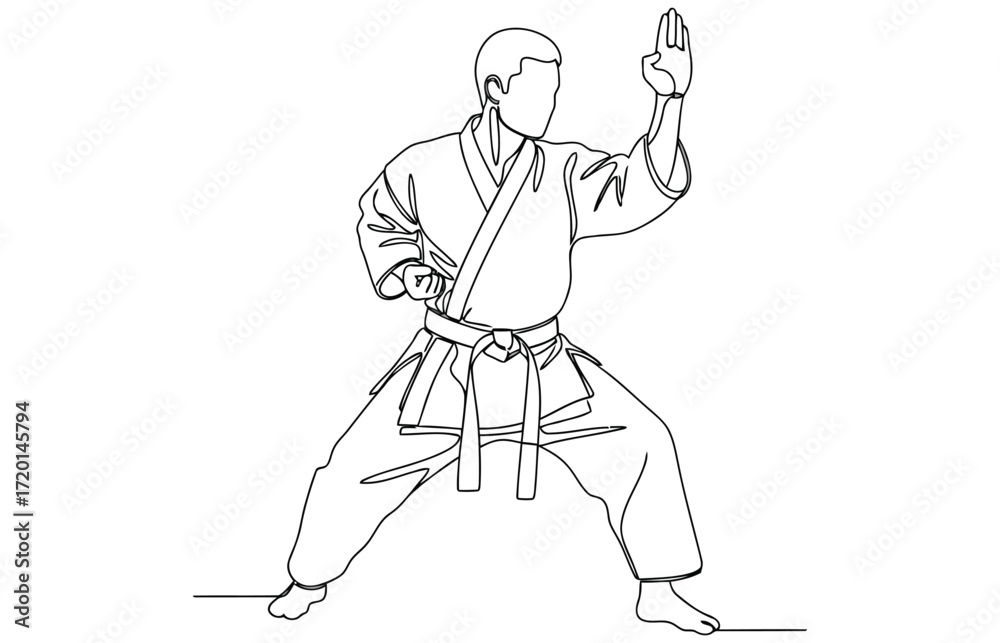 Fototapeta premium Vector art of a black and white line art illustration of a karate practitioner in a fighting stance, the figure is depicted in a traditional uniform, showcasing martial arts technique