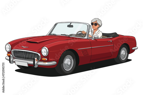 Stylish Elderly Woman Drives Classic Red Convertible Car