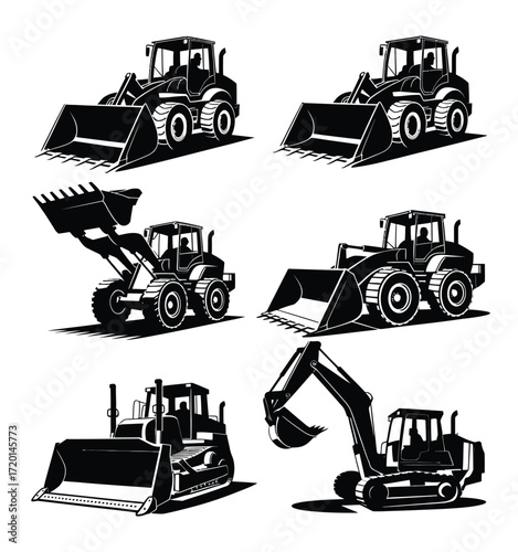 Collection of heavy construction equipment silhouettes including loaders and excavator silhouette