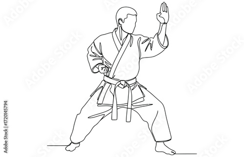 Vector art of a black and white line art illustration of a karate practitioner in a fighting stance, the figure is depicted in a traditional uniform, showcasing martial arts technique