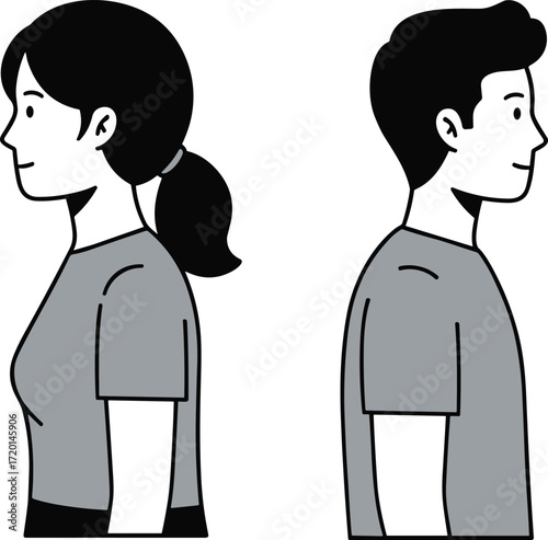 Cartoon side profile characters, male and female, grayscale illustration, simple design, minimal style, posture comparison, character study, educational reference image