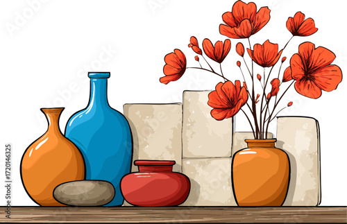 a colorful arrangement of vases and flowers on a shelf