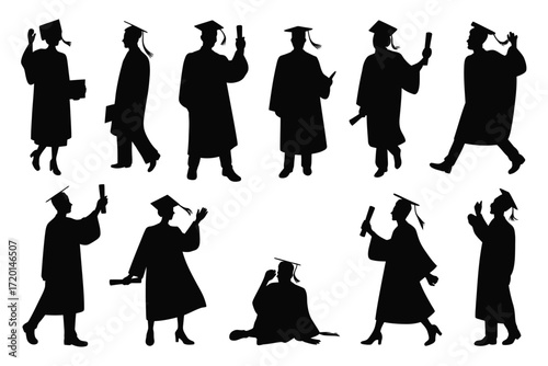 Diverse group of graduating students in academic regalia holding diplomas celebrating their achievements in a silhouette style