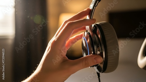 Close up of a hand holding professional over ear headphones with soft ambient light creating a warm, inviting atmosphere for music lovers