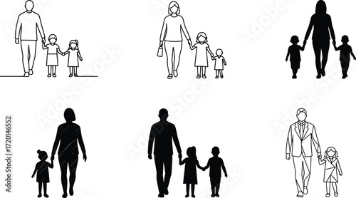 Adult walking with children, silhouette and line art, family care concept, guardianship illustration set, parenting design
