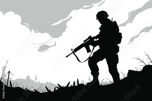 Soldier with rifle stands guard in a war torn landscape with helicopter overhead silhouette