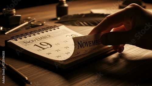Hand turning calendar page revealing November's upcoming events and important dates, evoking anticipation and planning.