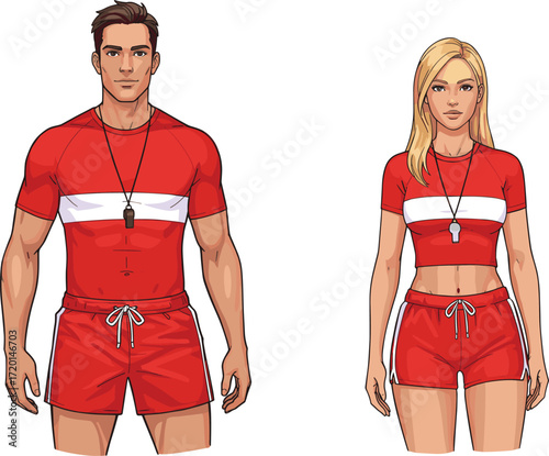 Cartoon lifeguards, male and female, red uniforms, beach safety, whistle, rescue team, summer season, ocean protection, swimming safety, coastal guard illustration