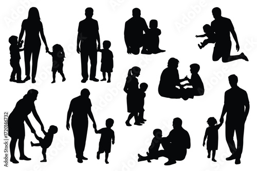 Diverse family moments captured in black silhouette parents and children interacting in various poses