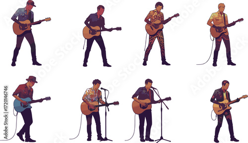 Acoustic guitar musicians, colorful outfits, live performance art, music expression illustration, stylish character design set