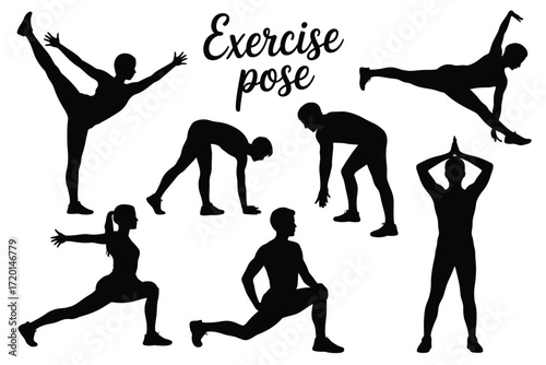 Diverse human exercise poses collection silhouette