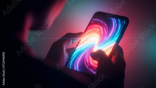 Immersive digital vortex engulfs user's glowing smartphone screen in vibrant neon light, a portal to infinite possibilities.