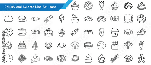 Bakery and Sweets Line Art Icon Set - Dessert, Pastry, Cake, Candy, and Ice Cream Outline Vector Icons for Bakery Shop, Cafe, and Confectionery Design