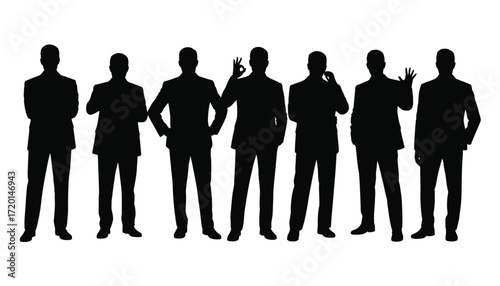 A group of seven businessmen standing in suits with various poses and gestures silhouette