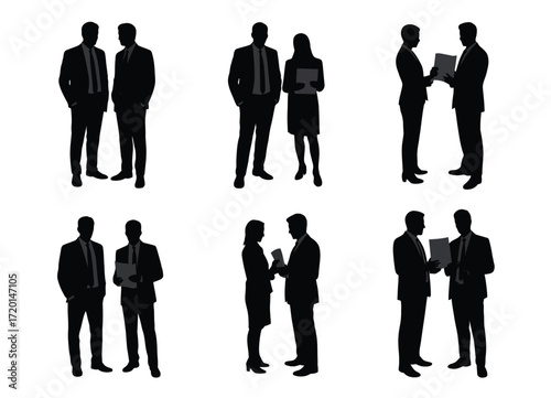 Diverse business professionals in classic suits engage in discussions and meetings depicted in a clean silhouette style silhouette
