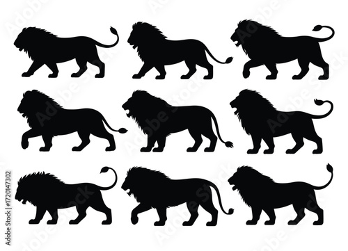Collection of nine walking lion silhouettes in various poses and expressions showcasing their majestic mane and powerful stance silhouette