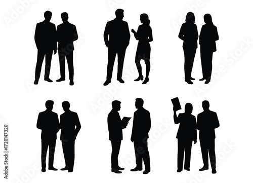 Collection of business people standing and talking in silhouette style