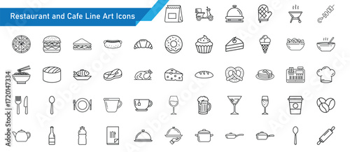Restaurant and Café Line Art Icon Set - Coffee, Food, Drinks, Menu, Chef, Bakery and Dining Outline Icons Collection
