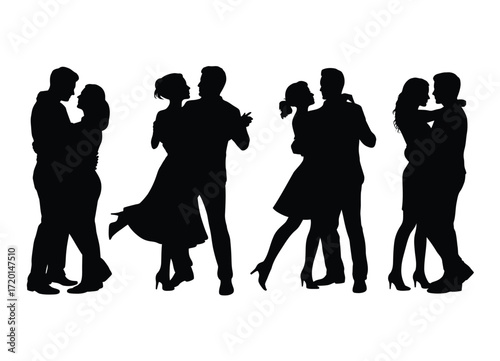 Four couples dancing romantically in silhouette against a white background capturing moments of love and connection silhouette